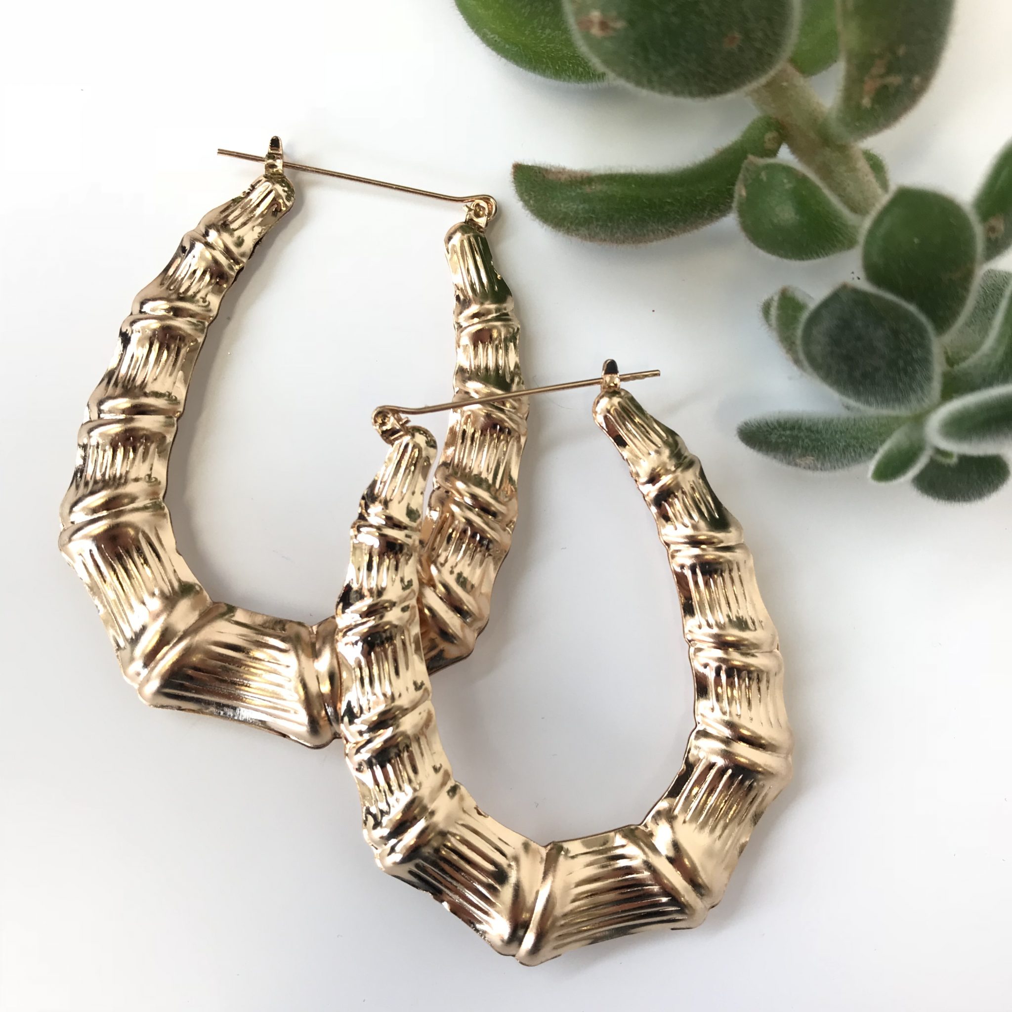 Bamboo Oval Gold Chucky Hoop Earrings