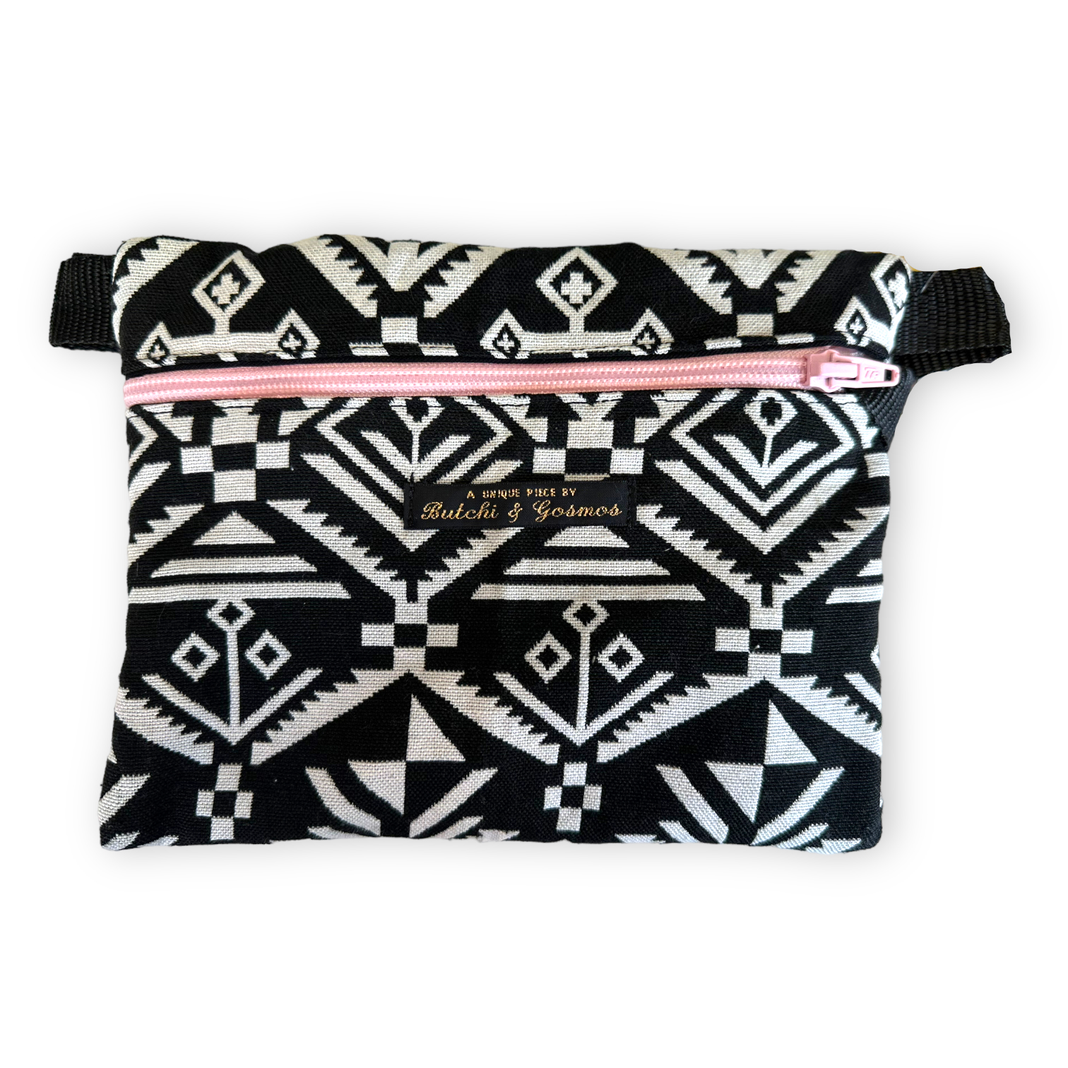 Monochrome pattern Handmade Beltbag with baby pink zip