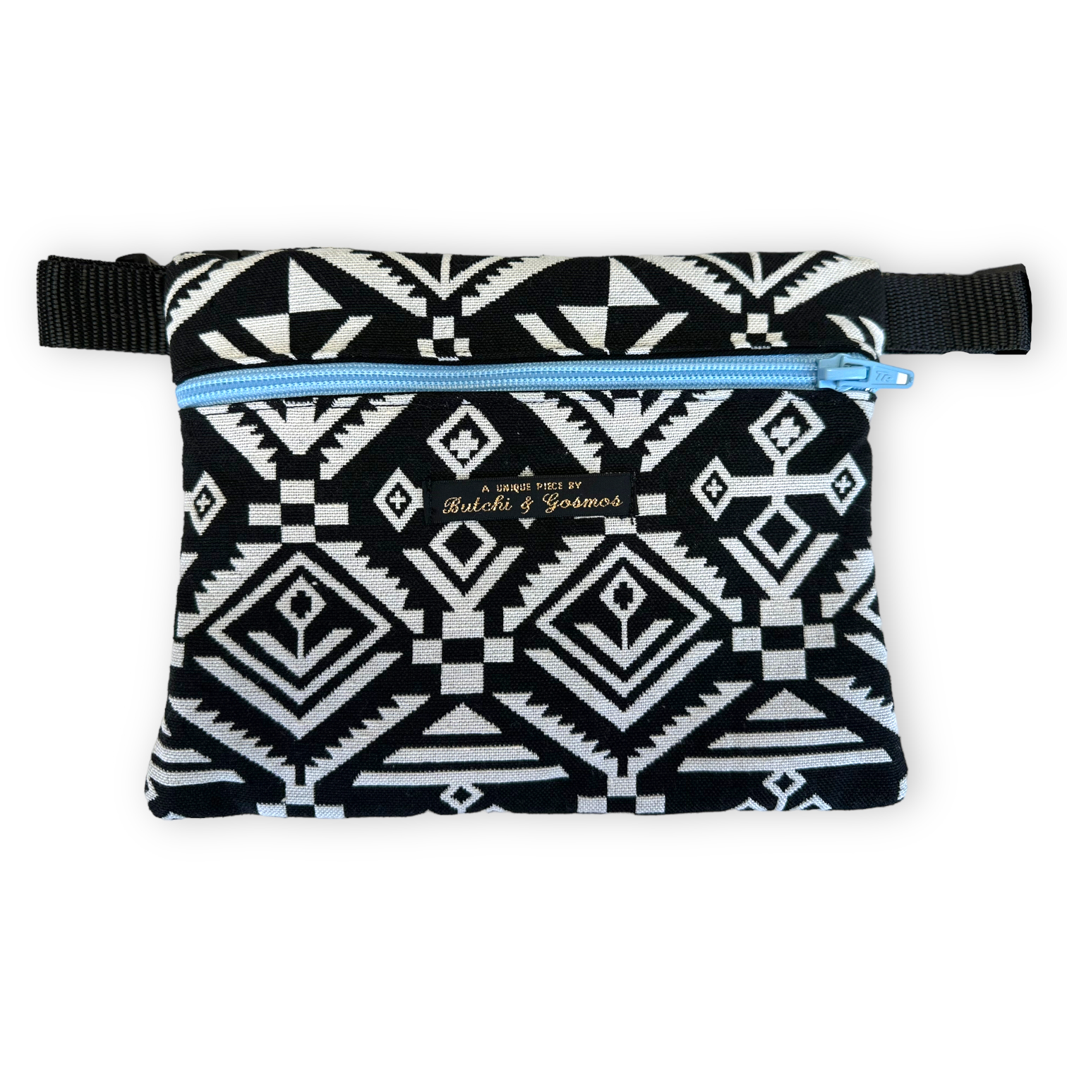 Monochrome pattern Handmade Beltbag with light blue zip
