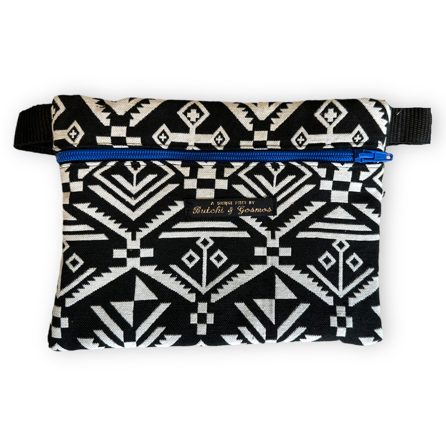 Monochrome pattern Handmade Beltbag with bright blue zip