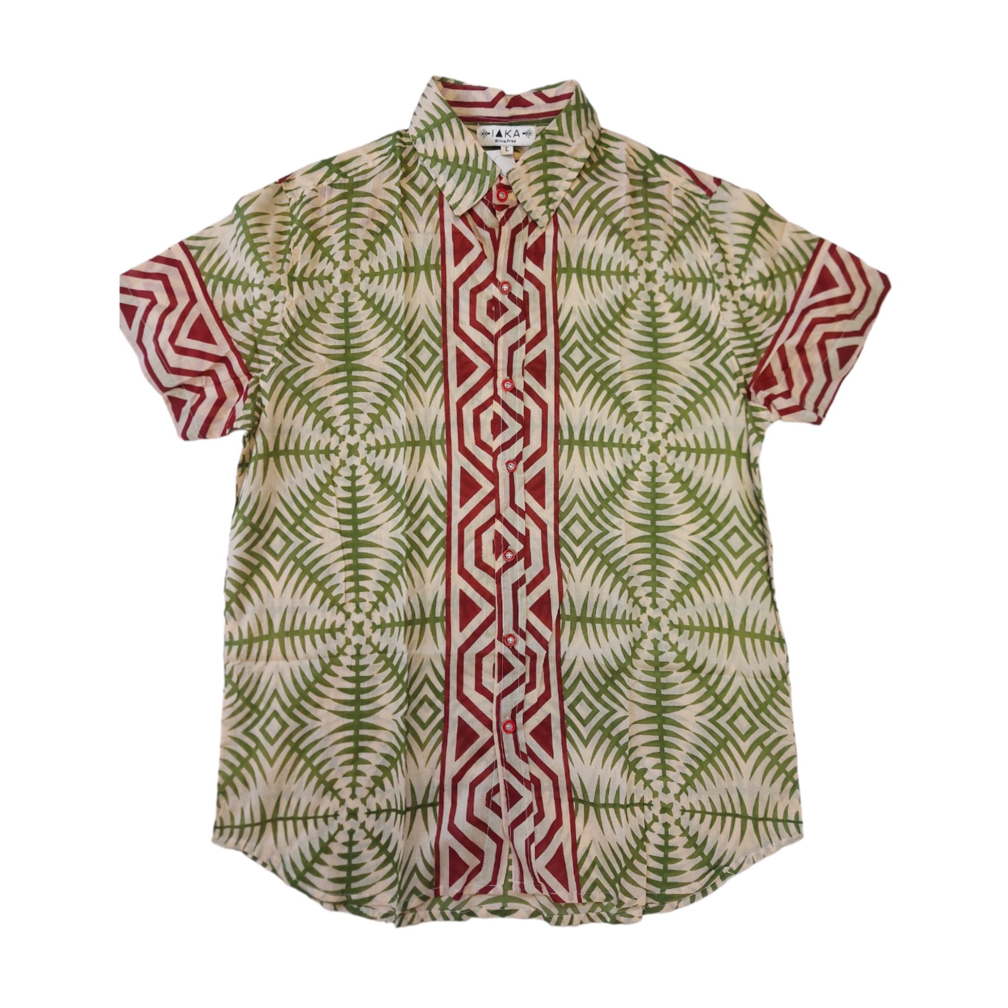 Short sleeve classic fit summer shirt – Green and red geo cotton