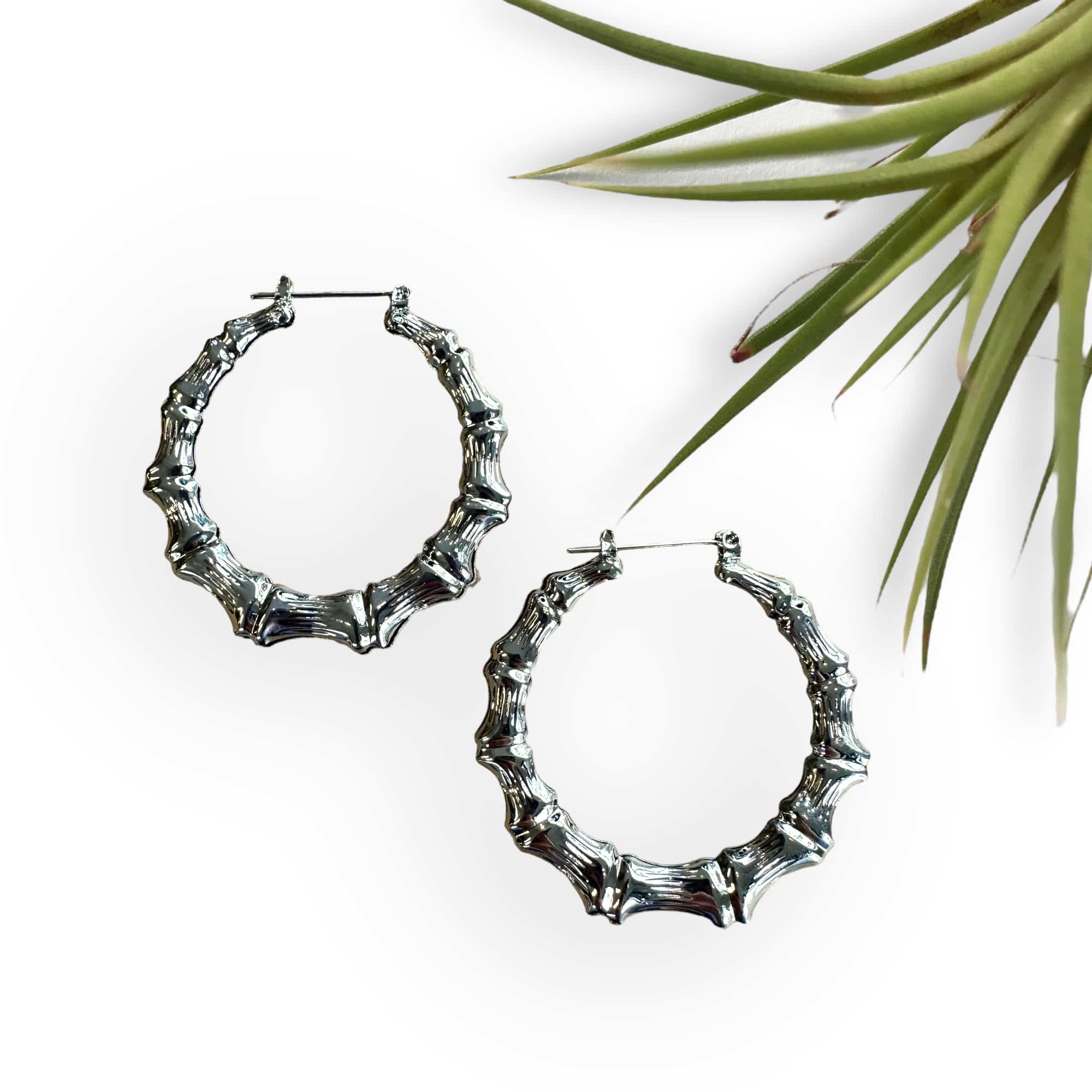 Medium sized silver tone Bamboo Hoops