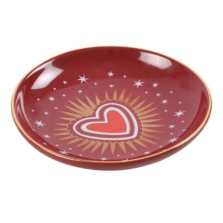 Deep red trinket dish with a sacred gold foiled Heart in the centre